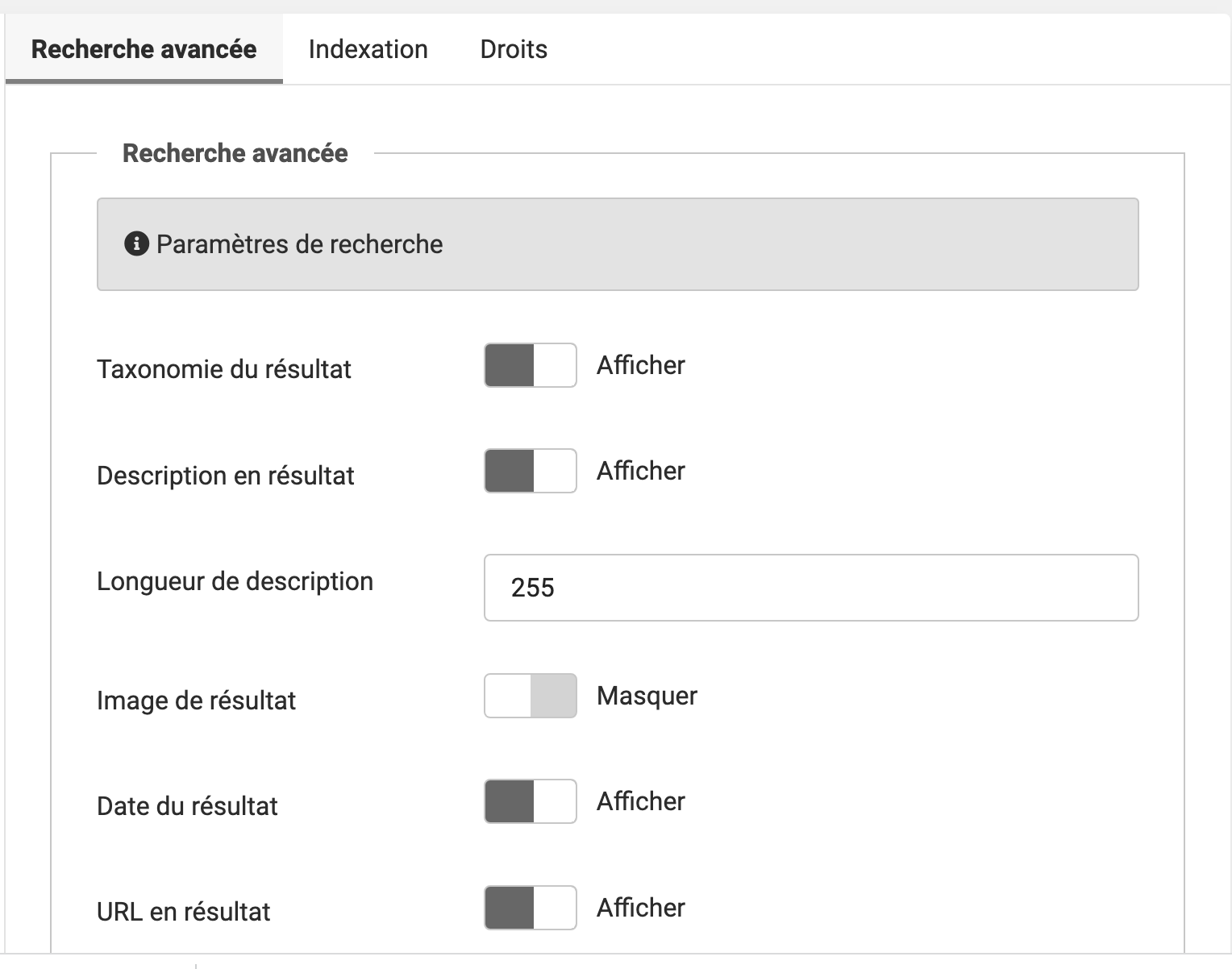 Réglages du moteur de recherche